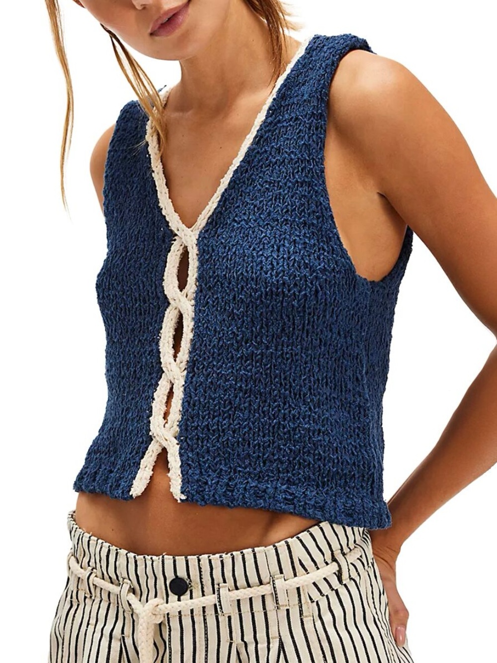 Free People Navy Crochet Knit Vest Top Large NWT Coastal Boho Open Front Y2K